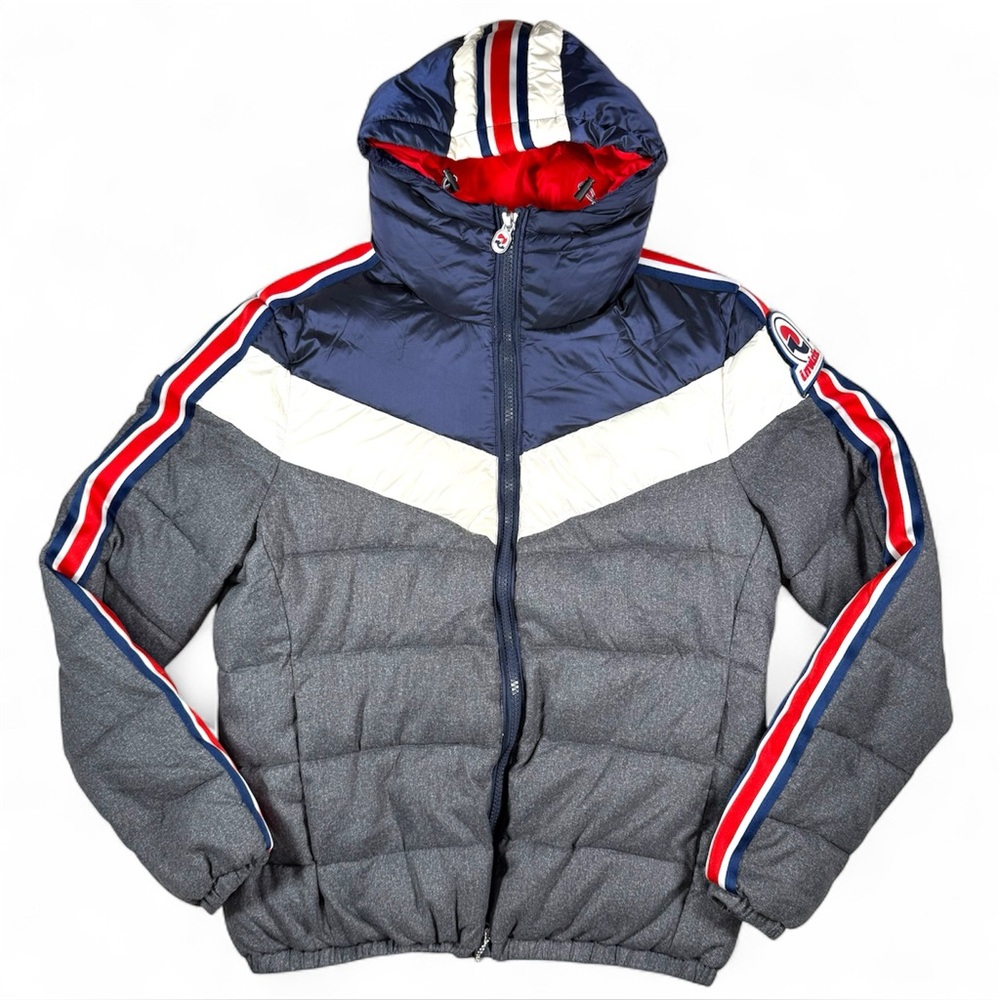 Invicta Torino Italia Mens Large Puffer Jacket Hooded Colorblock Grey Navy Red